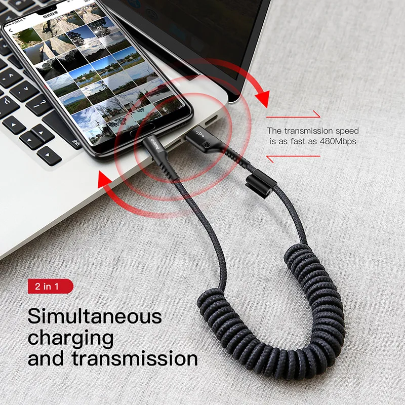 Baseus Весна USB Type C кабель гибкий эластичный стрейч кабель синхронизации данных и зарядки для samsung Xiaomi для iPhone кабель мобильного телефона