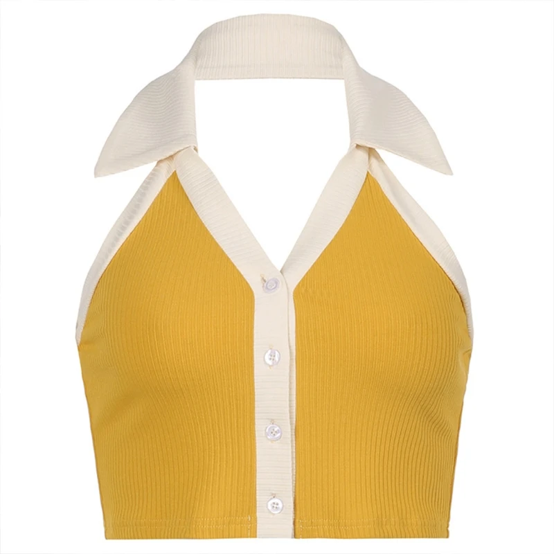 

Women Sexy Lapel Halter Crop Top Button V-Neck Backless Contrast Color Cami Vest