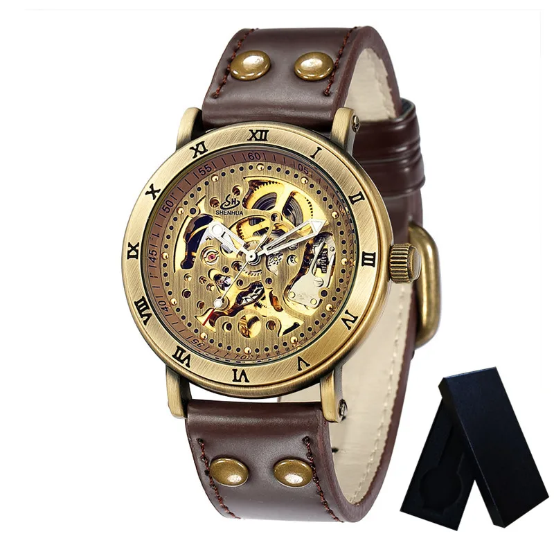 S07601 with box Классические мужские часы с автоматическим механическим скелетом, мужские часы, лучший бренд класса люкс, античный бронзовый дизайн, спортивные военные наручные часы 076 - Цвет: S07601 with box