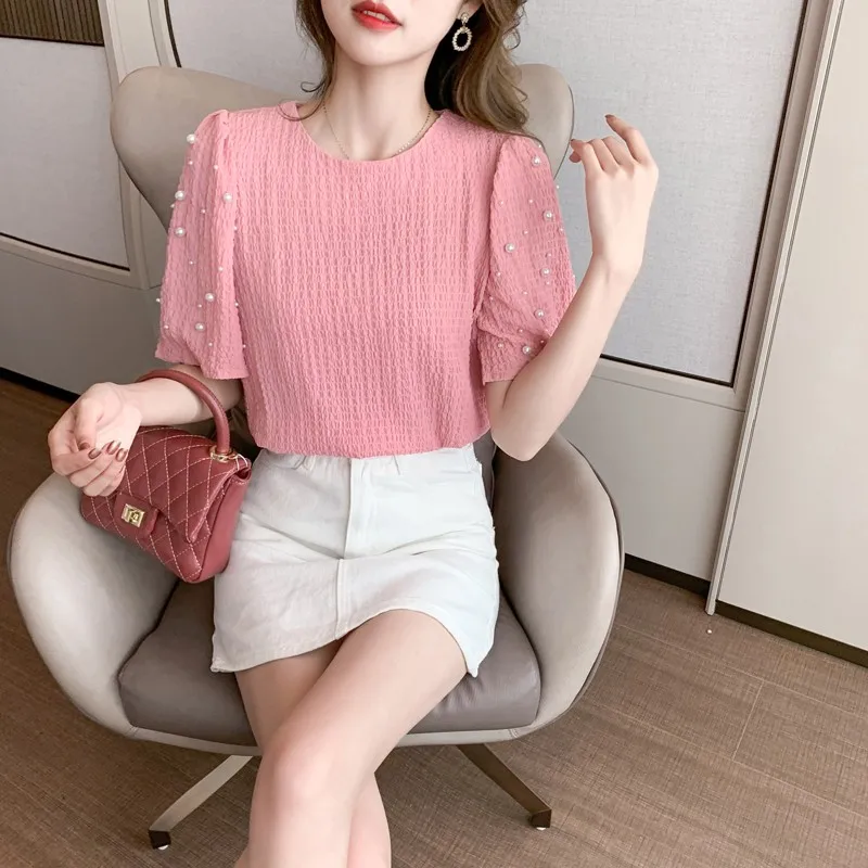 

French Style Puff Sleeve T-Shirt Women Loose Elegant Beading Tops Female Fashion Ladies Shirts 2021 Summer Tshirts Woman