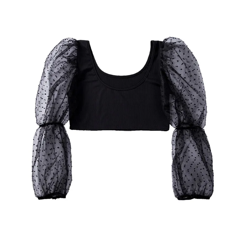 

hirigin new fashion Women Dot Printed short Tops female solid See Through Tee long sleeve shirts ladies Mesh Puff Sleeve Blouses