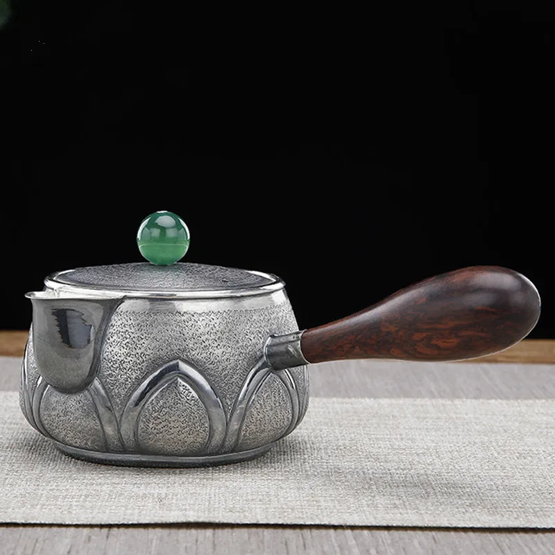 Чайник ручной работы из чистого серебра 999 пробы с нефритовыми бусинами