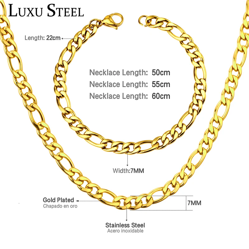 

LUXUSTEEL Stainless Steel Figaro Necklace Bracelet Sets Women Men 7mm Big Width Long Chain Hiphop Jewelry Set Wholesale