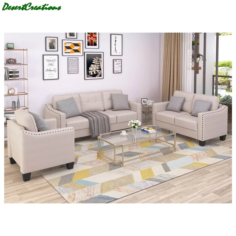 

3 Piece Living Room Set, 1 Sofa, 1 Loveseat And 1 Armchair With Rivet On Arm Tufted Back Cushions
