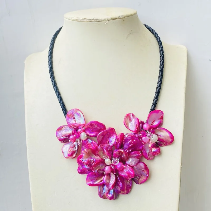 

Handmade Mop Baroque Hot Pink Shell Three Choker Flower Rope Necklace For Women
