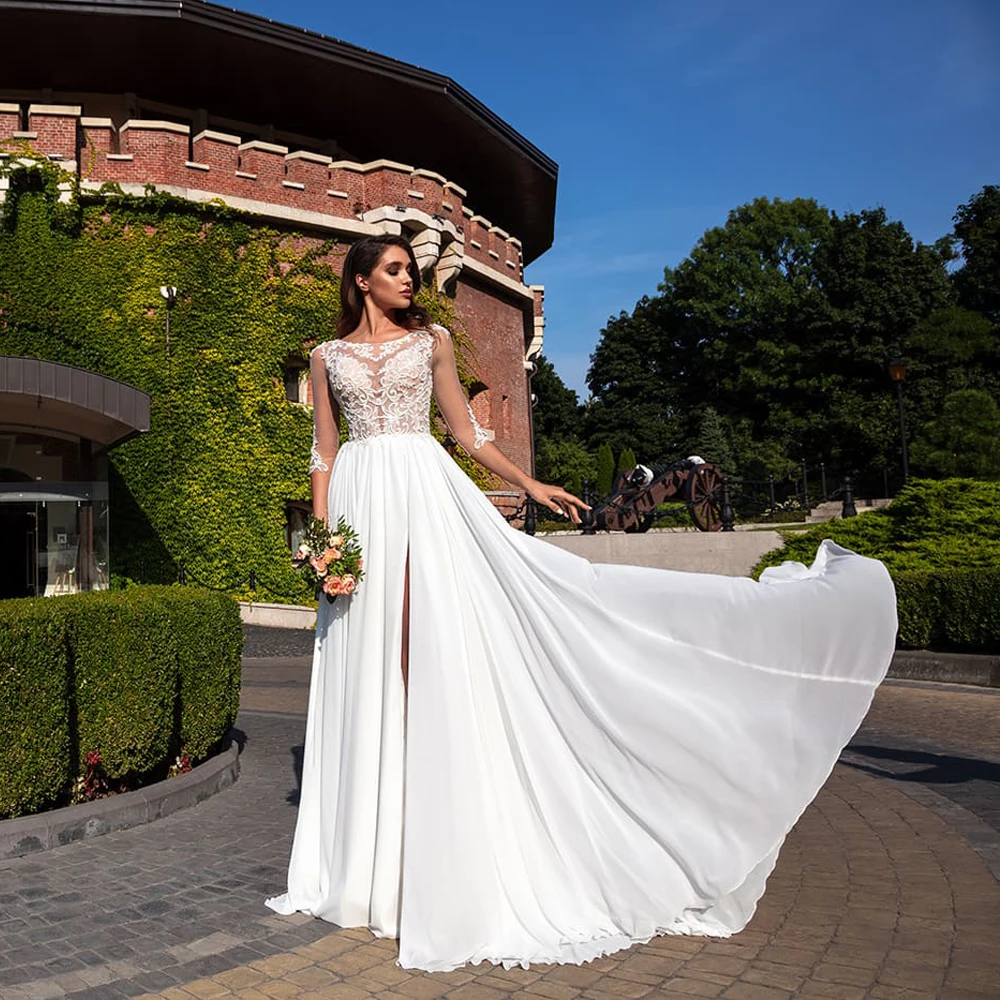 

Stylish Scoop Chiffon Wedding Dress High Slit Boho Bride Dress with Sleeves Beach Bridal Gown Customized
