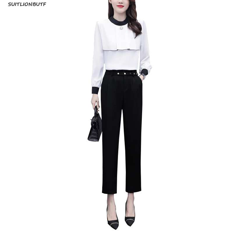 

Office Lady 2 Piece Outfit Set Chiffon Pullover Long Sleeve Blouse Elastic Waist Pencil Pants Business Suit 2021 Women Clothing