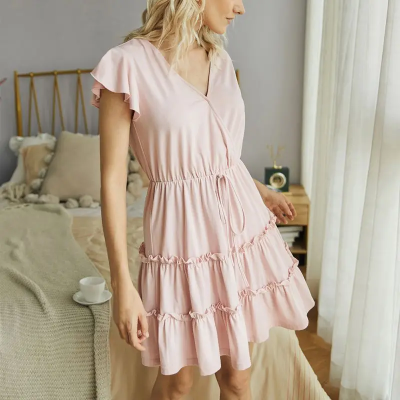 

Ladies short sleeve V-neck sexy dress Fashion Women Ruffle Mini Dress Knot Party Summer Beach Holiday Dresses Women