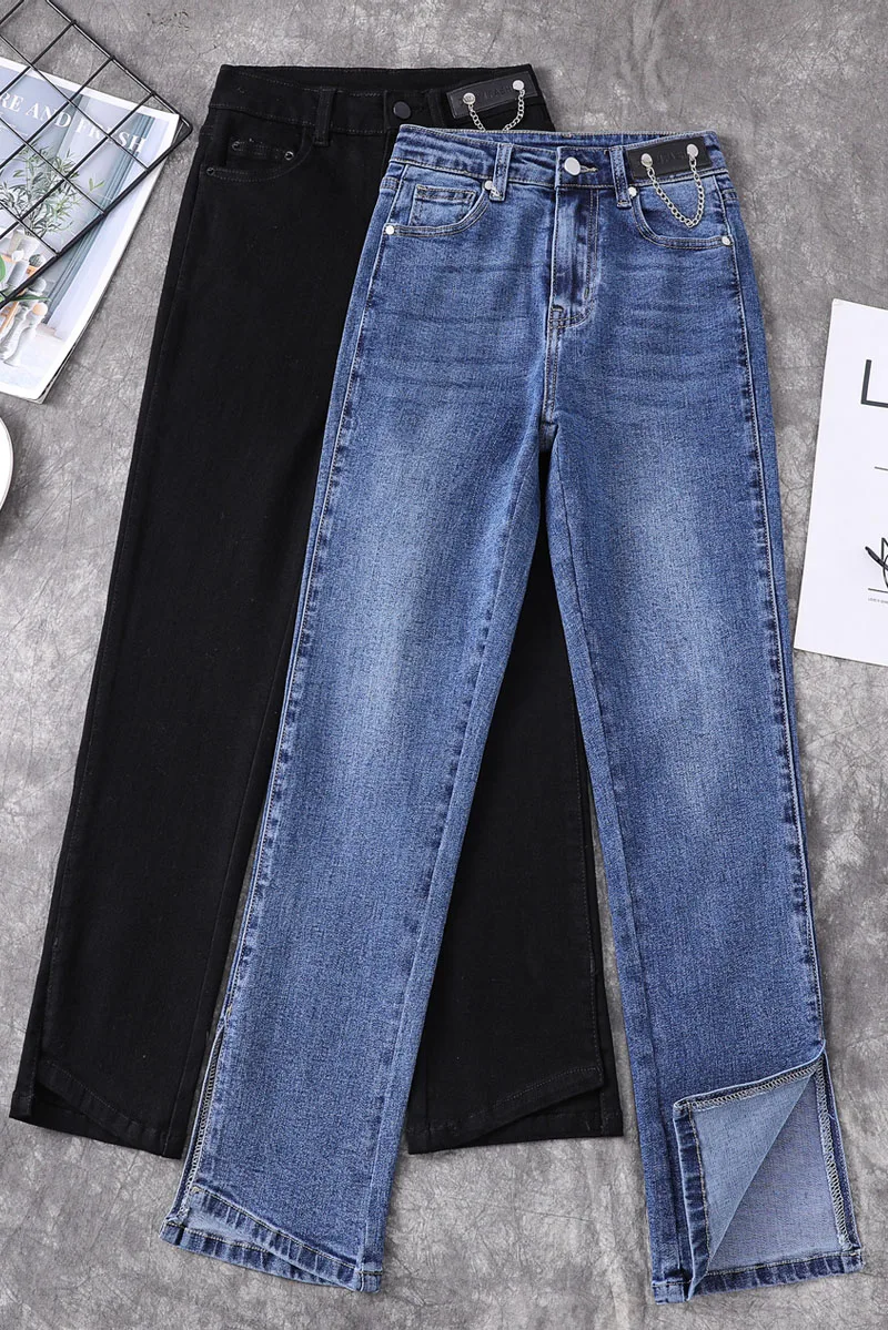 

XL-5XL Plus Size Mom Women Jeans Elasticity High Waist Blue Straight Denim Pants Female Korean Split Casual Boyfriends Jean 2021