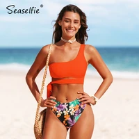 seaselfie orange floral one shoulder high waist bikini set women sexy tank top swimsuits bathing suit 2021 swimwear beachwear