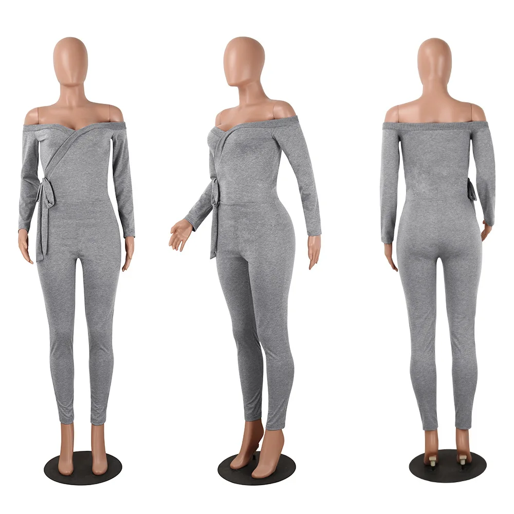 

Long Sleeve Bandage Off Shoulder Jumpsuits Women Deep V Sashes Sexy Club Solid Romper Casual 6 Colors Black Bodysuits 2019 Suits