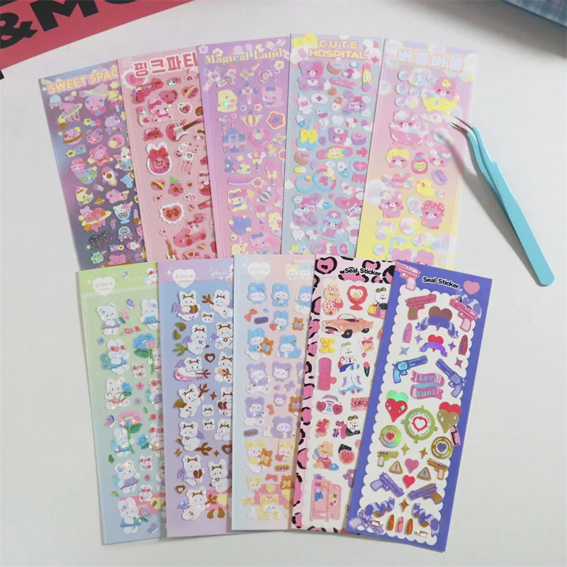 

Korea Stationery Cute Office Supplies Laser Hot Stamping Sticker Cute Girl Heart Hand Account Card Decoration Material Sticker
