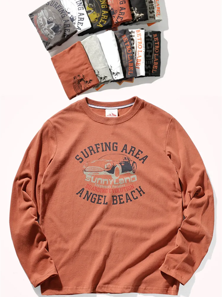 

2020 Autumn Men's Long-sleeved O-neck T-shirt Distressed Washed Pullover Slim Retro Locomotive Printing Base T-shirt 100% Cotton