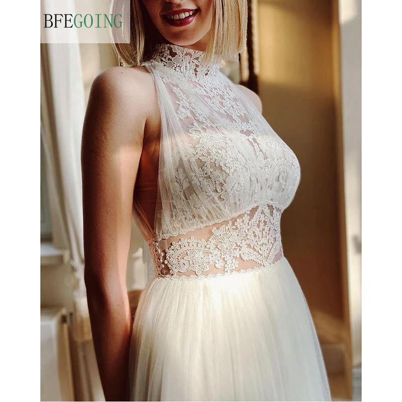 

White Lace Tulle High Neck Floor -Length A-Line Wedding Dresses Chapel Train Sleeveless Bridal Gowns Custom Made