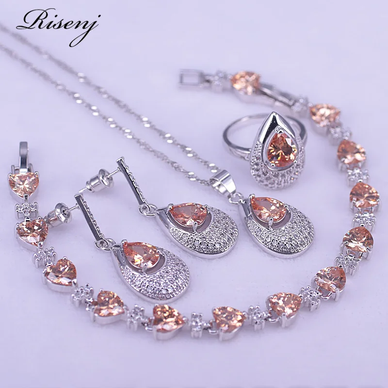 Risenj 925 Sterling Silver Jewelry Pear Champagne Zircon Stud Earrings Ring Necklace Bracelet Set Romantic Bridal