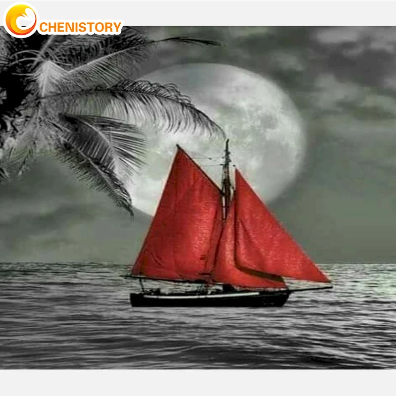 

CHENISTORY Red Sailboat Painting By Number On Canvas Handmade Frame Acrylic Paints Adults Drawing DIY Kit Picture Home Decor Art