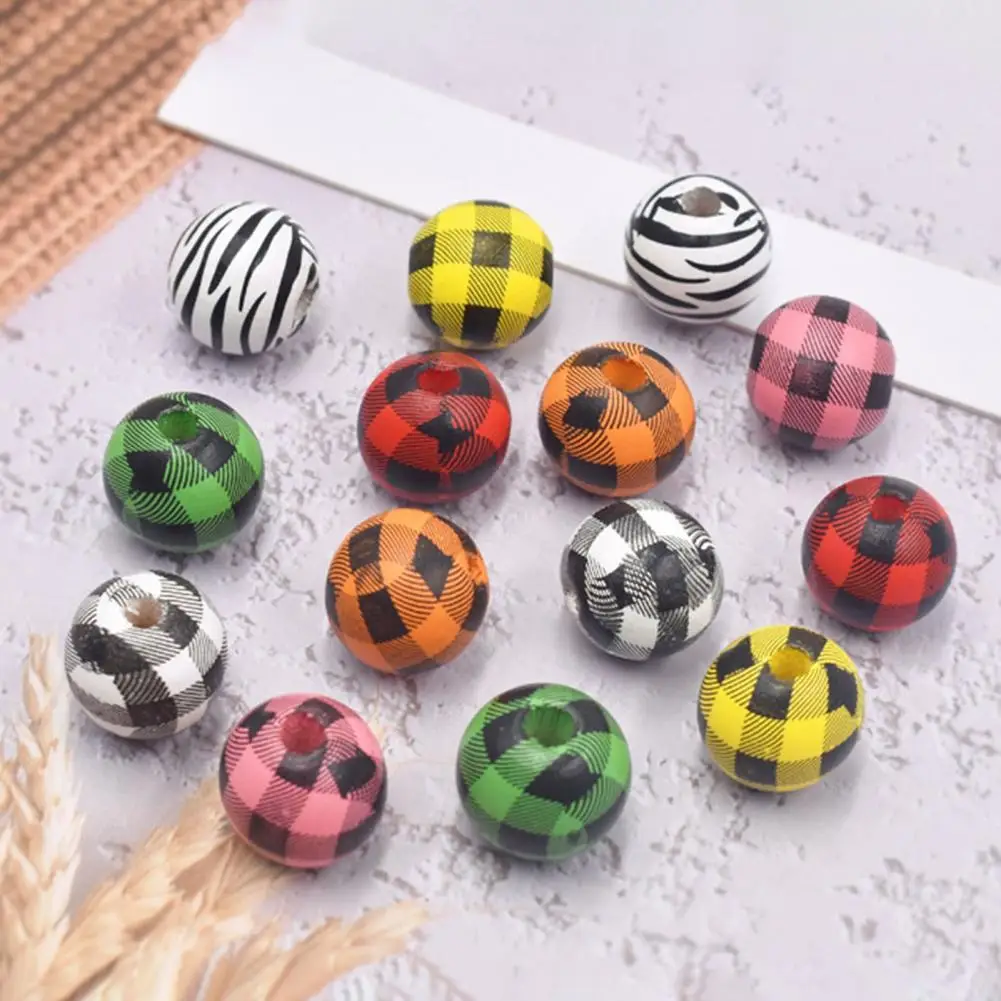 

10Pcs Durable Wood Beads Colorful Wear-resistant Check DIY Printed Decoration Pendant Beads Handmade Beaded Materials for Home