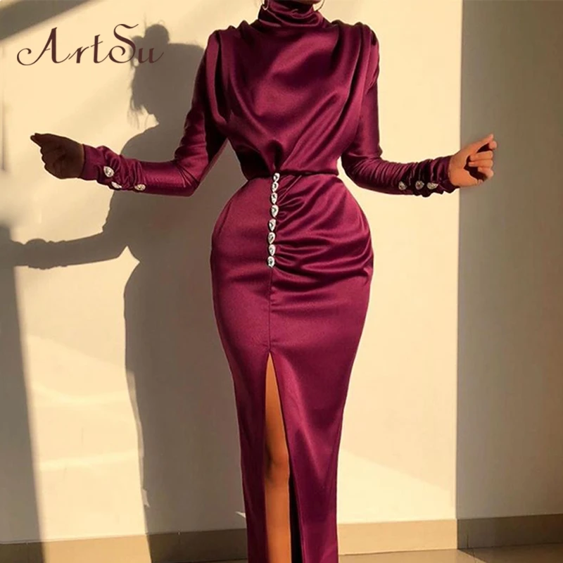 

Artsu Satin Maxi Party Dresses Sexy Split Ladies Elegnt Long Sleeve Turtleneck Bodycon Dresses 2020 New Clubwear ASDR60697