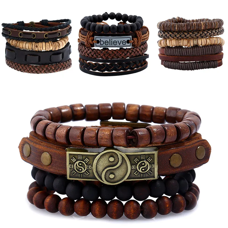 3/4 шт./комплект многослойный кожаный браслет с бусинами в стиле хип хоп|Браслеты