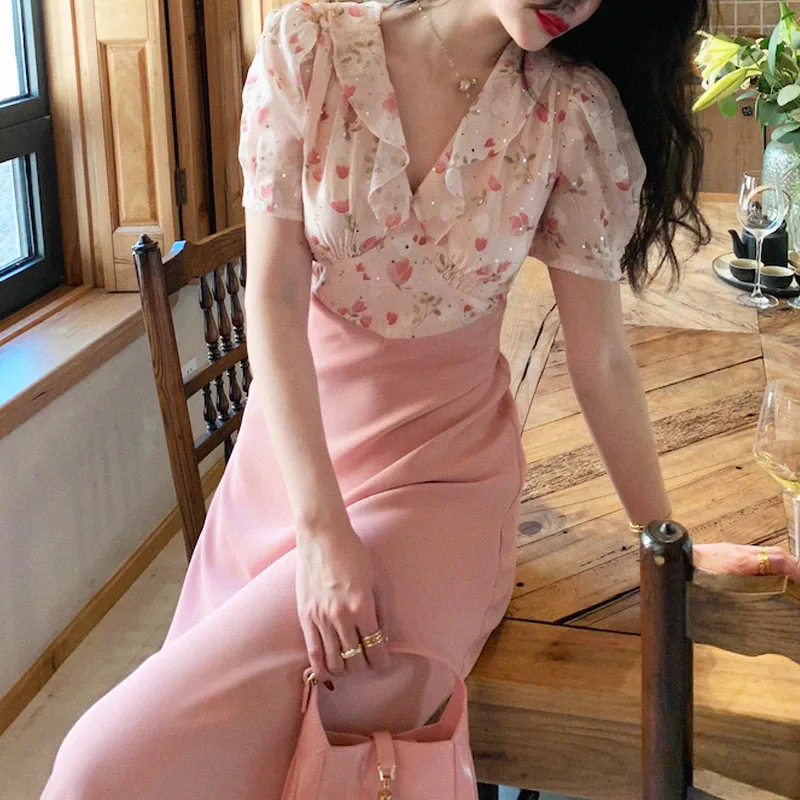 

One Piece Dress Korean Short Sleeve Thin Elegant Dresss Women Casual Floral Printed Midi Dress Female Office Lady 2022 Summer