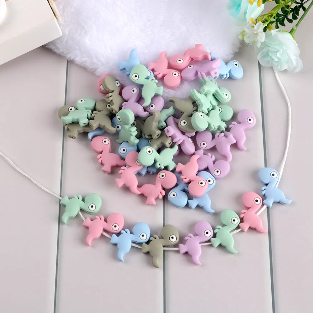 Kovict-Mini cuentas de silicona con forma de dinosaurio para beb&eacute;, mordedor Molar, cadena de chupete, accesorios de joyer&iacute;a, 10 piezas-3