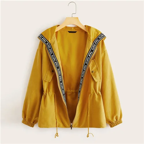 Yellow Dotfashion, повседневная женская куртка с капюшоном и завязками на талии, осень, с буквенным принтом, Лоскутная Верхняя одежда, женские куртки на молнии - Цвет: Yellow