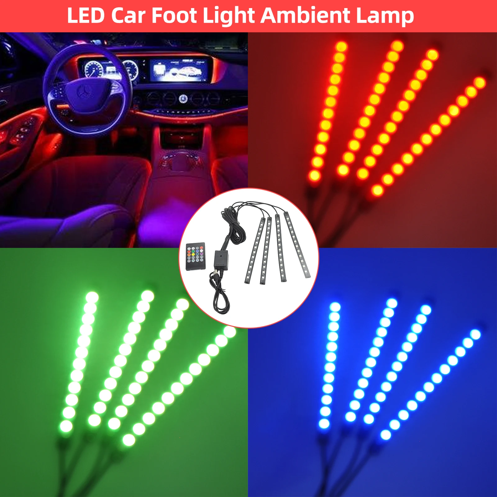 

LED Car Foot Light Ambient Lamp With USB Wireless Remote Car Interior Decorative Lights Music Control Multiple Modes Automotive