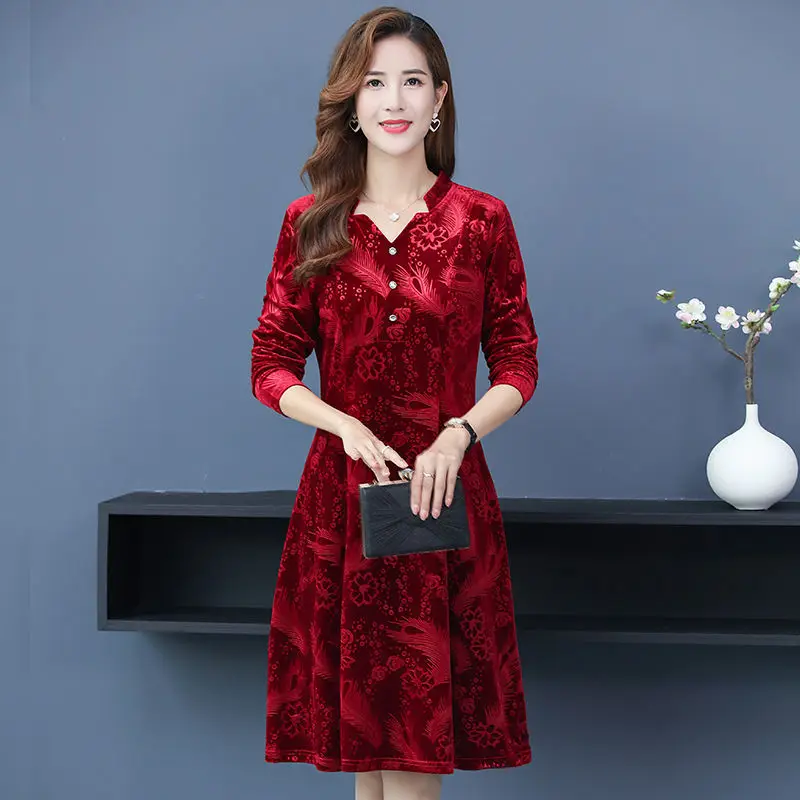 

Retro Print Velvet Midi Dress Women Elegant Long Sleeve Plus Size Dress Vintage Slim Waist Party Dress Vestidos XL-5XL J154