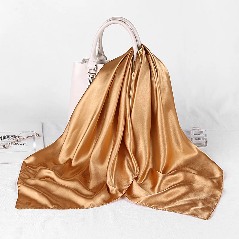 

Solider Color Black Women Square copy Silk Scarf Wraps Autumn Winter Sjaal Luxury Large Satin Scarves Muslim Head Scarf 90*90cm