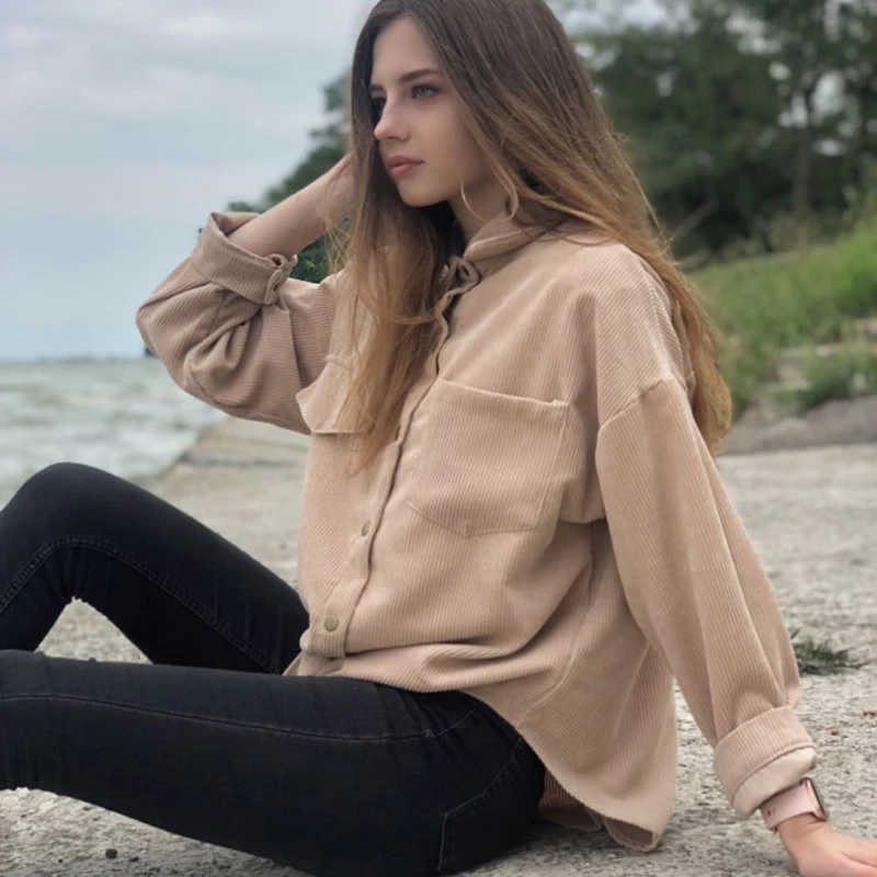 Женская теплая Вельветовая блузка винтажная однотонная с длинным рукавом