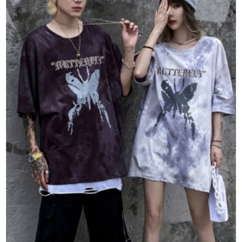 

Street Tie-dyed Butterfly T-shirt Women's Loose High Street Fashionable T-shirt Top Harajuku Style Hip Hop Short Sleeve T Shirt
