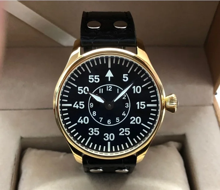 

Sapphire crystal or Mineral glass 44mm no logo two hands Asian 6497 Mechanical movement golden case C3 luminous men's watch