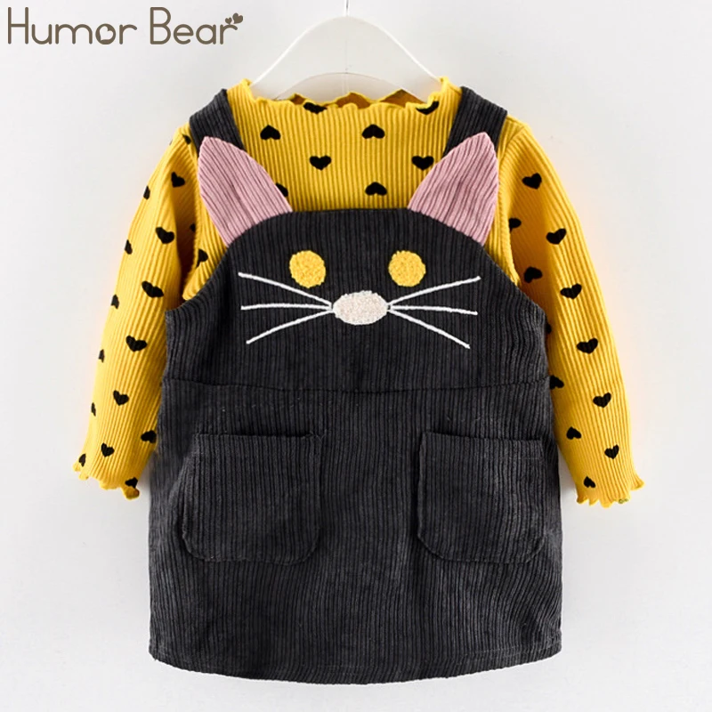 Humor Bear/Коллекция года, комплекты одежды для девочек на осень, зиму и весну Осенняя хлопковая футболка в горошек с длинными рукавами+ платье на бретелях с изображением кота одежда для малышей из 2 предметов