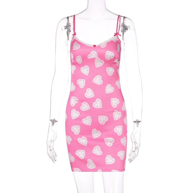 

KAISENDZ 2021 New Summer Spaghetti Strap Printing Pink Women Dress V-neck Sleeveless Ladies Dress Sexy Party Casual Mini Dress
