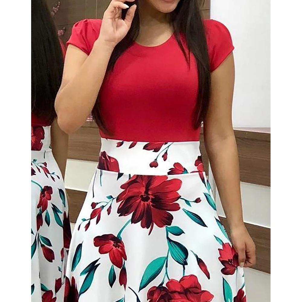 

9963 autumn style flower print color matching dress long skirt