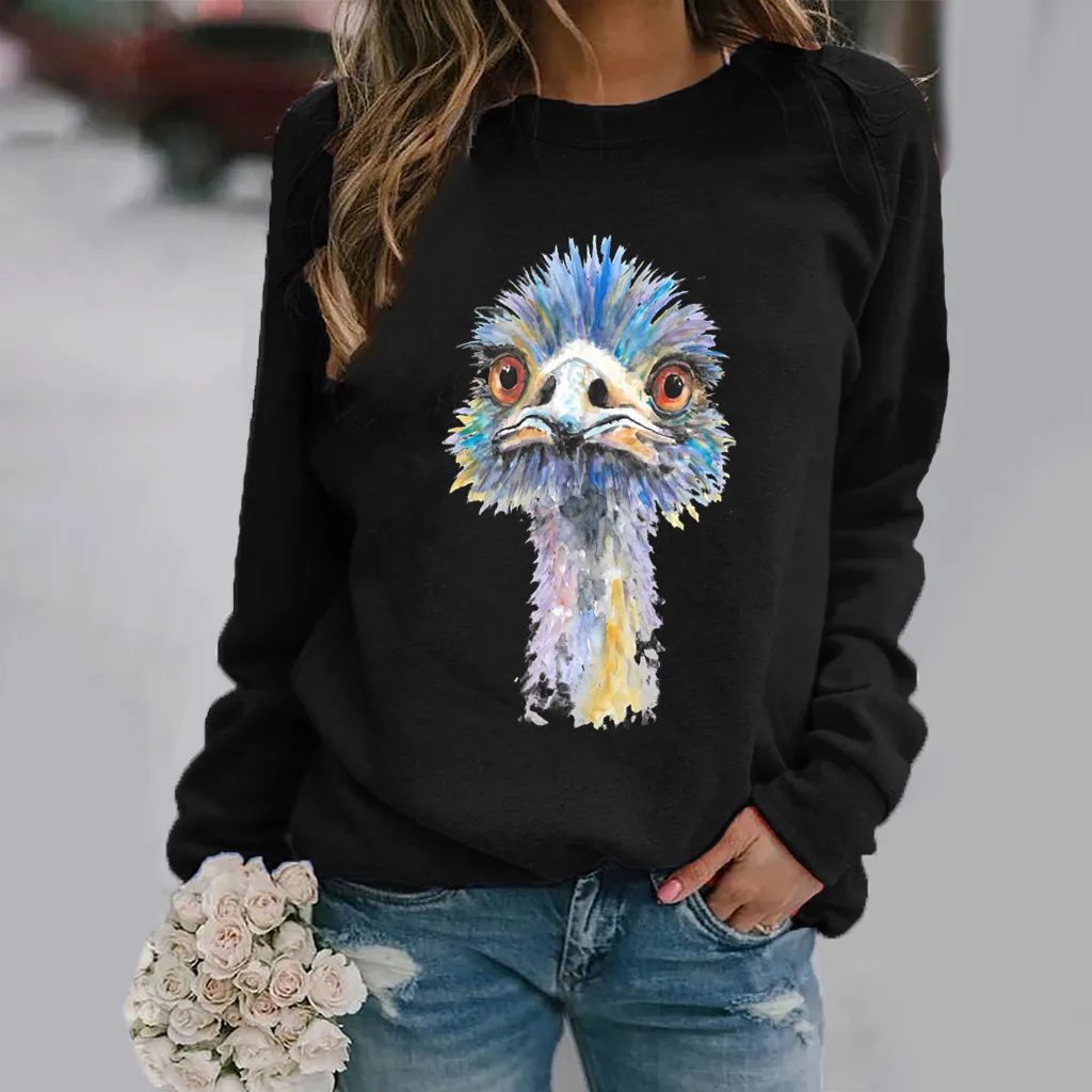 

Женская толстовка с капюшоном и принтом страусиной головы, Женская флисовая Толстовка свободного покроя с длинным рукавом и круглым вырезо...