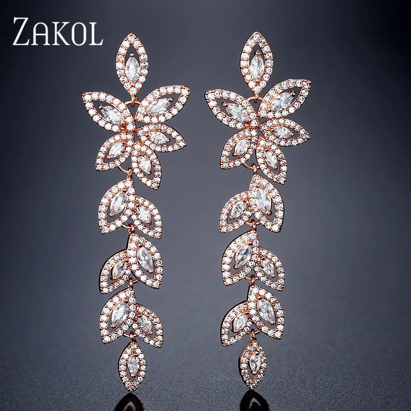 ZAKOL модные циркониевые свадебные длинные висячие серьги с кристаллами для женщин