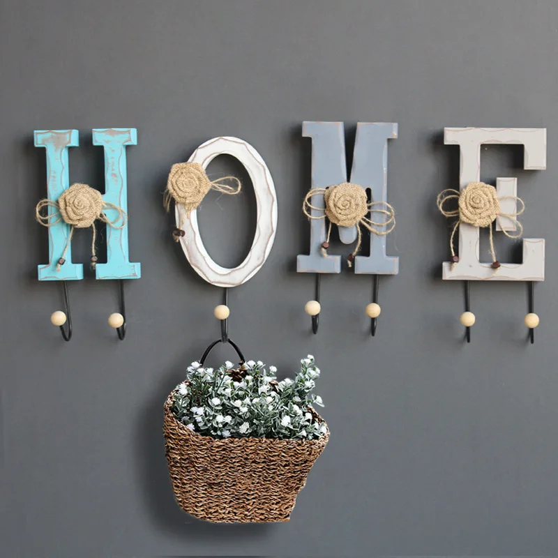 

"LOVE" "HOME" Letter Postral Style Wonderful Lace Flower Design Wooden Hook Metal Hanger Decorative Wall Hook Home Decor