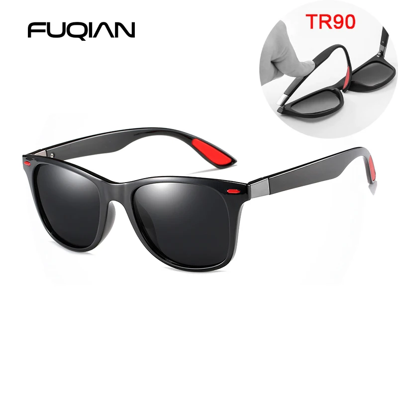 Bright Black Black FUQIAN Модные TR90 поляризационные солнцезащитные очки мужские классические квадратные женские солнцезащитные очки ультра светильник унисекс очки для вождения UV400 - Цвет линз: Bright Black Black