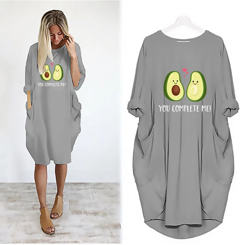

Spring Vintage Avocado Night Dress Women Pocket Loose Clothes Home Casual Plus Size Pyjamas Long Sleeve Pijama Mujer