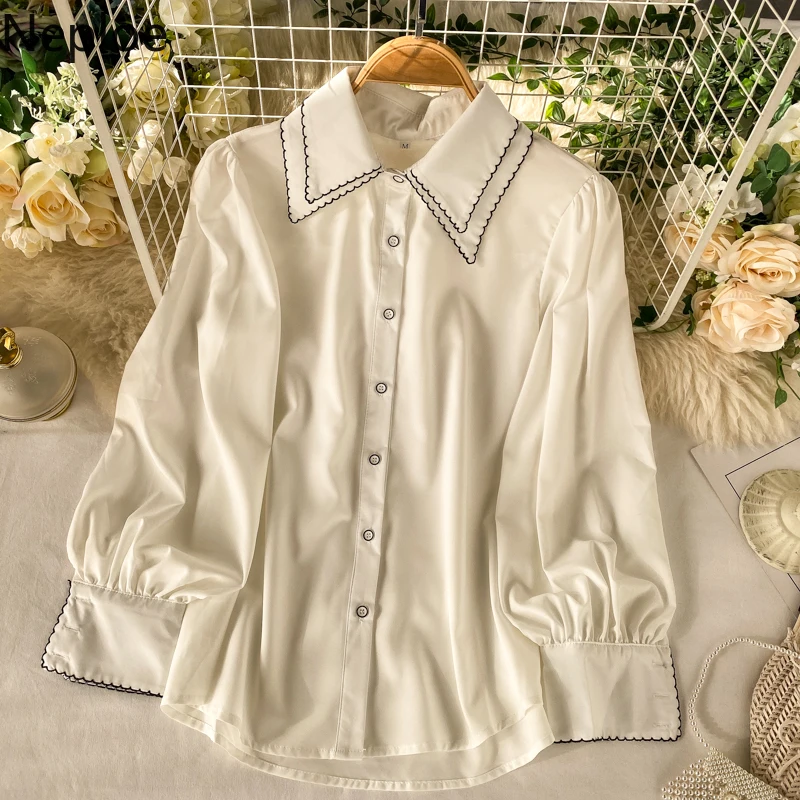 

Korean Ins Turn Down Collar Puff Long Sleeve Solid Blouse Contrast Color Patch Single Breast Ol Blusas Loose Shirt 49213