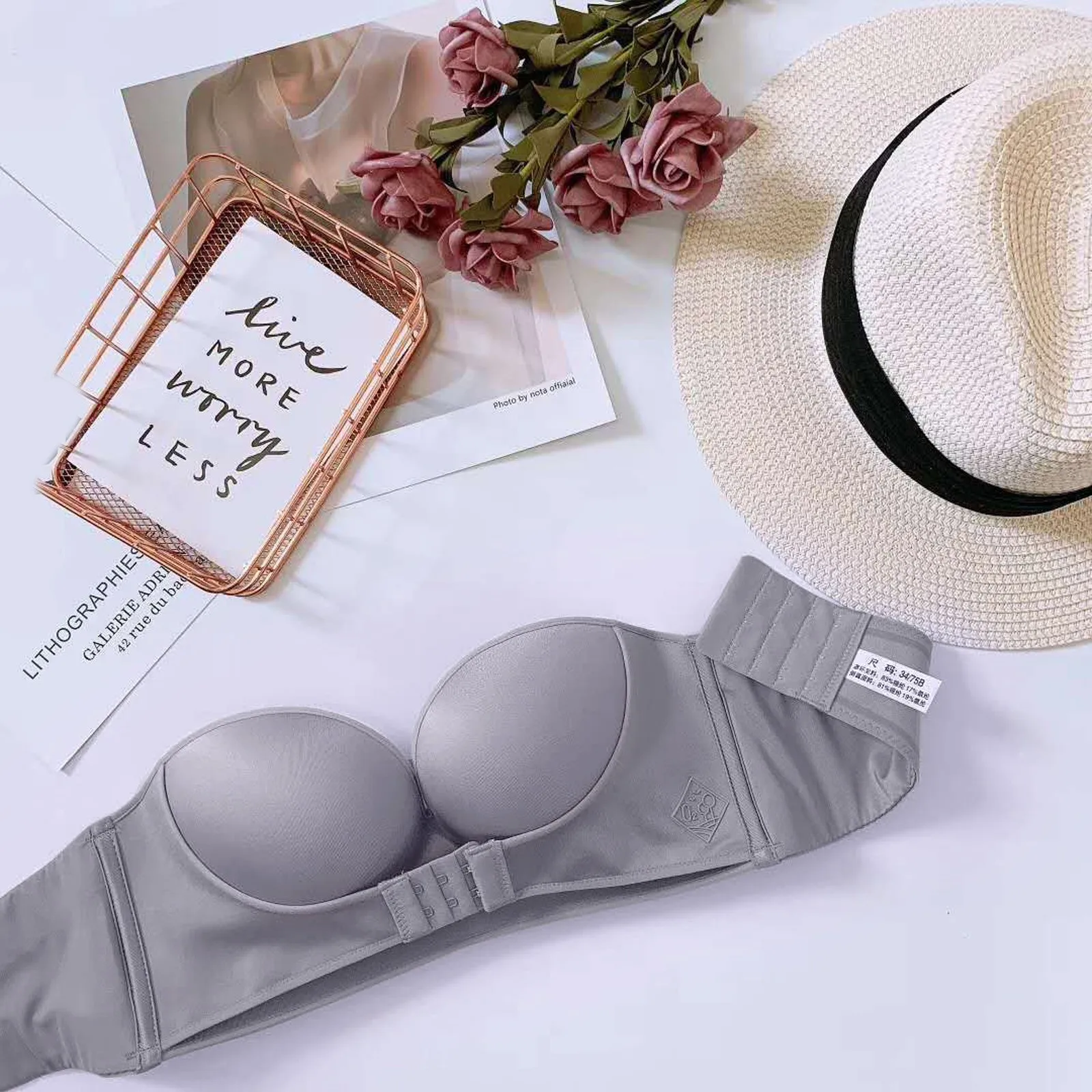

2PCS Gray Women's Bras Low Cut Strapless Non-Slip Adjustment Rimless Dress Bra