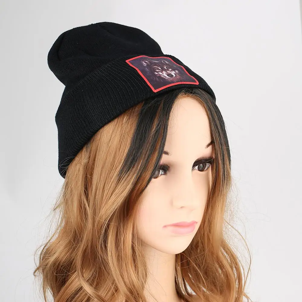 Логотип Волк зимние шапочки вязанная шапка крючком мешковатая унисекс с