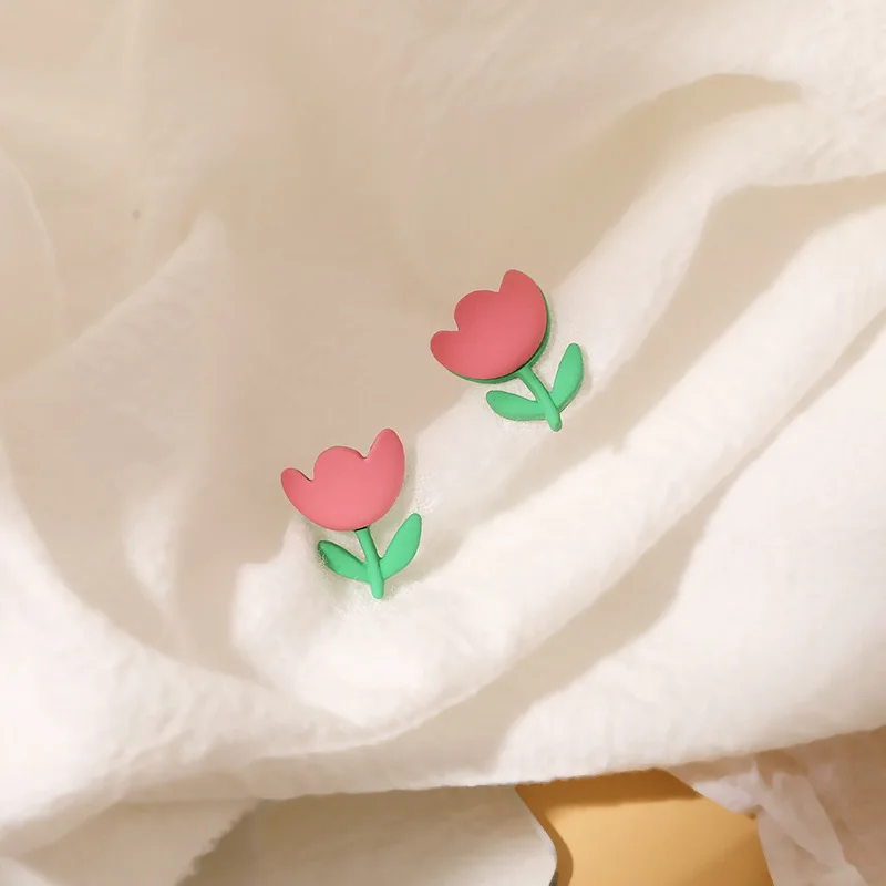 

Cartoon Flower Stud Earrings Pink Plant Tulip Summer Fresh Ear Studs Romantic Party Style Design Women Girl Gift for Friends