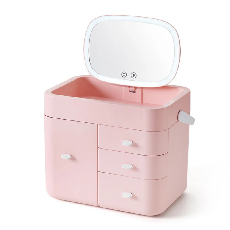 pink B Косметический ящик для хранения светодиодный светильник с зеркалом для макияжа Многофункциональный портативный Настольный пыленепроницаемый туалетный столик - Цвет: pink B