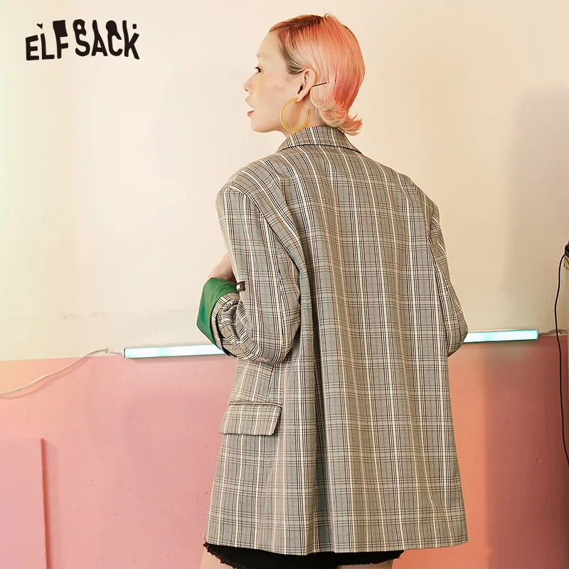 ELFSACK, винтажные клетчатые женские блейзеры, осень, новинка, однобортные Женские повседневные пальто, модная свободная Офисная Женская одежда