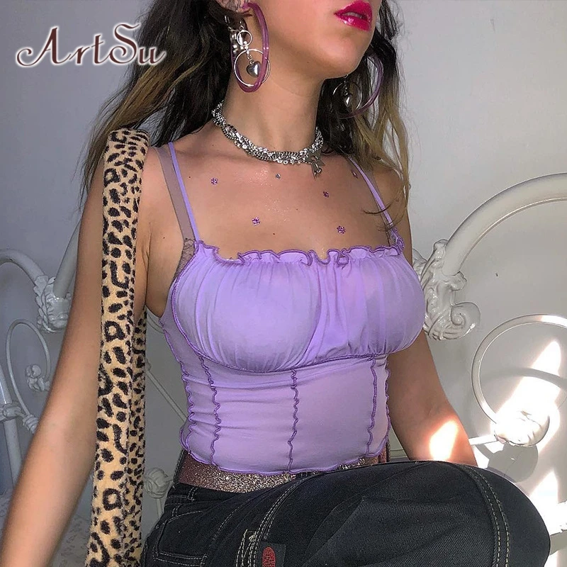 Женский жилет без рукавов ArtSu фиолетовый укороченный Топ бретелек с оборками