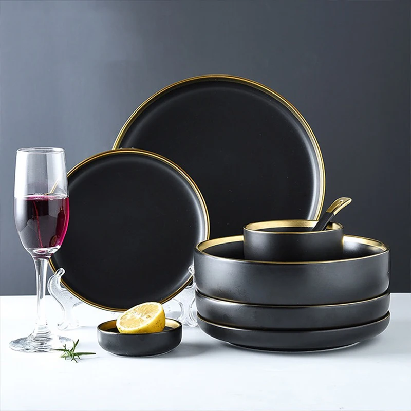 Black Tableware Set Ceramic Dinner Plate Dishes Plates and Bowls Set Food Plate Salad Soup Bowl Dinnerware Set for Restaurant
