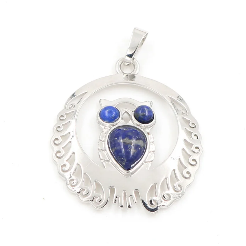 FYSL Silver Plated Wisdom Owl Shape Lapis Lazuli Pendant for Gift Green Aventurine Animal Jewelry | Pendants