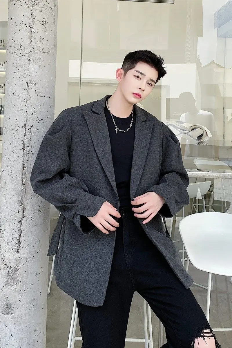 

IEFB vintage design Lantern Sleeve suit coat loose lace up woolen blazers jackets dark gray clothes for male autumn new 9Y4393
